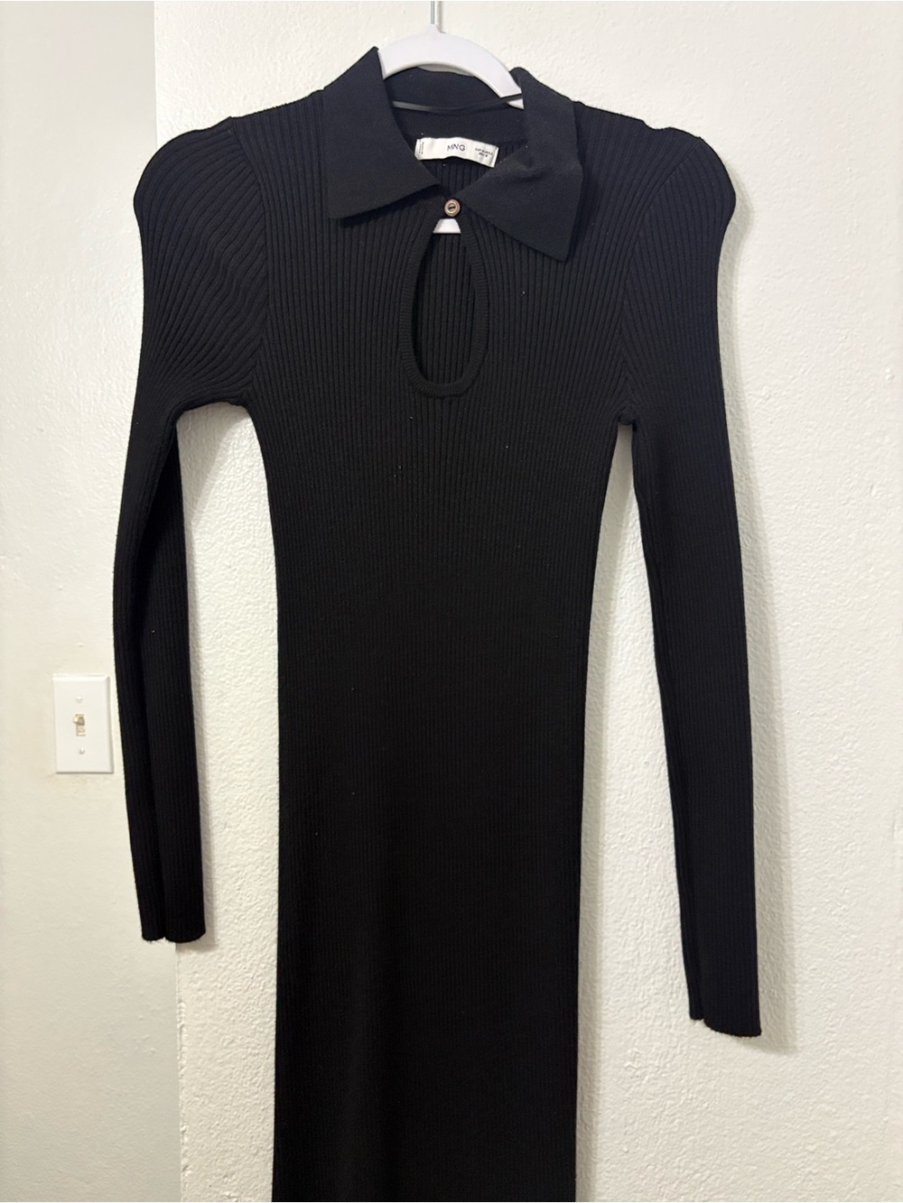Mango Black Ribbed Long-Sleeve Maxi Dress with Keyhole Collar & Leg slit